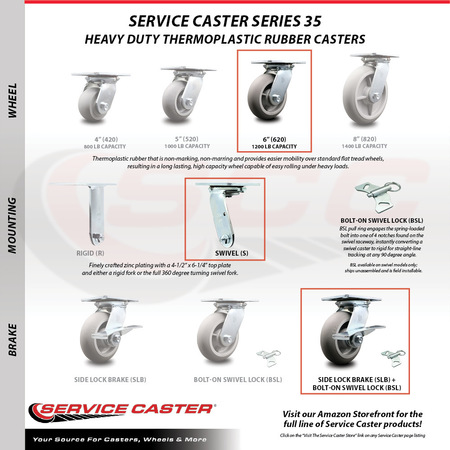 Service Caster 6 Inch Thermoplastic Caster Set with Ball Bearing 4 Brake and 2 Swivel Lock SCC SCC-35S620-TPRBD-SLB-BSL-2-SLB-2